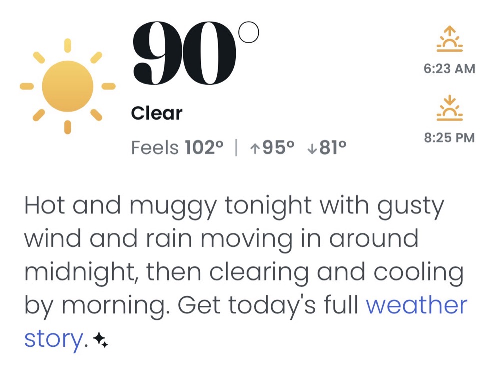 Current conditions with a plain-language brief of the day ahead