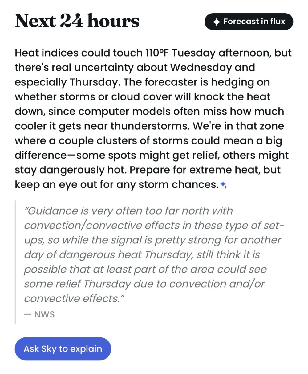 A Forecast in Flux badge with the forecaster's own uncertainty quoted