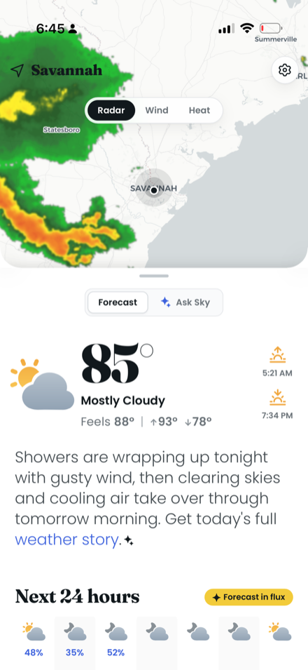 Rain moving in, with the radar peeking above the forecast