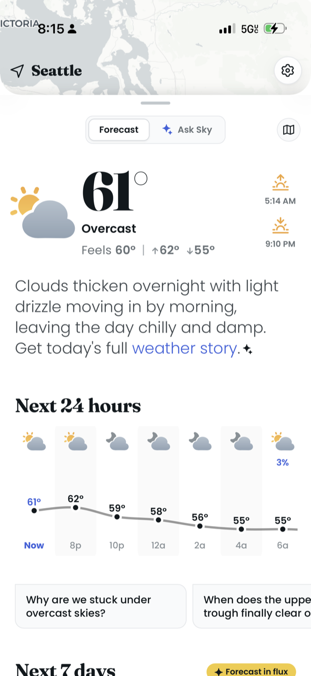 Why Weather showing current conditions, the day's weather story, and an hourly forecast