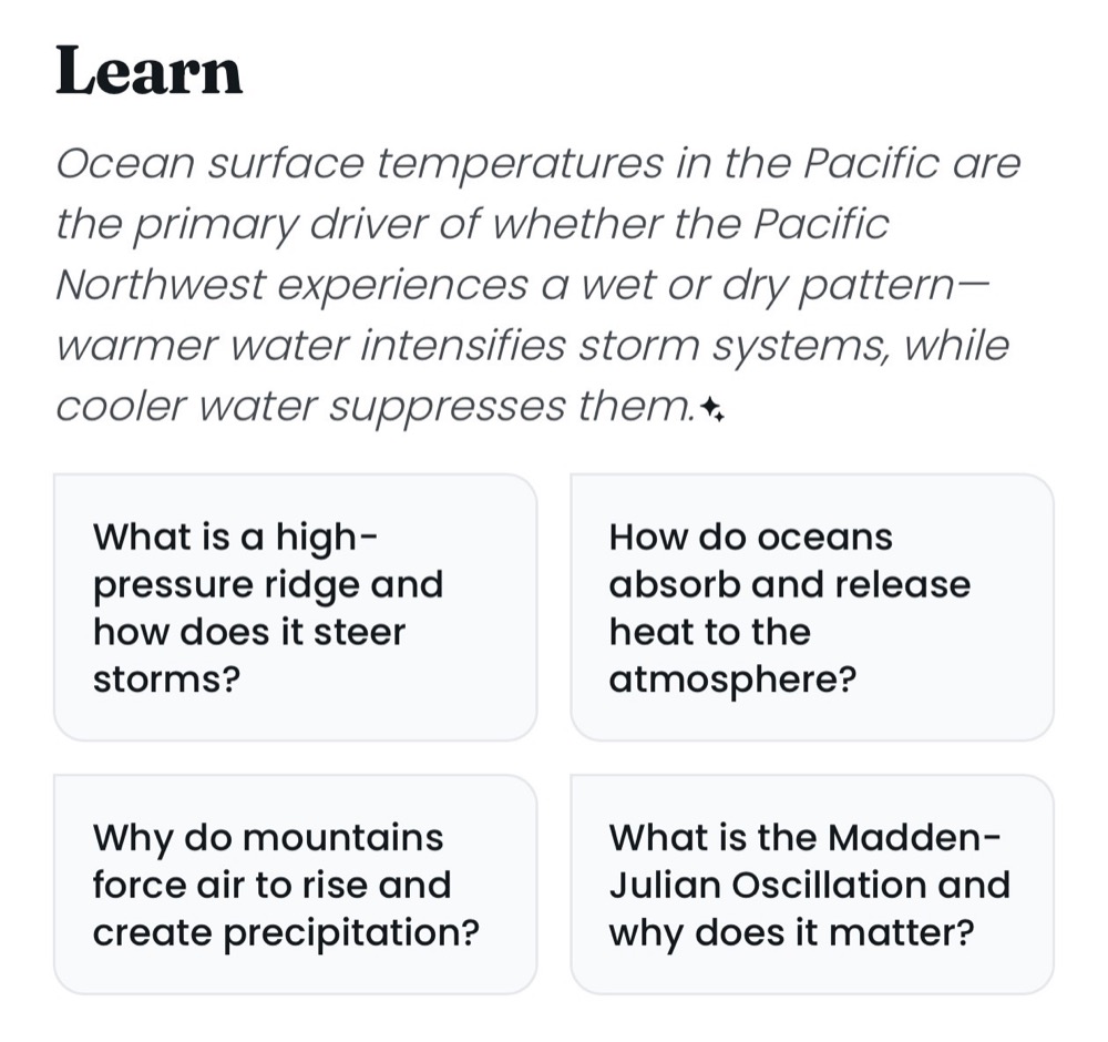 The Learn section with a weather factoid and concept questions to explore