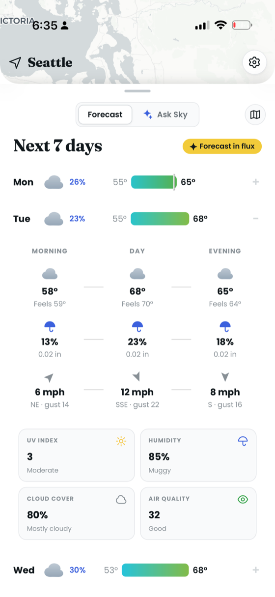 The seven-day forecast expanded with morning, day, and evening detail plus UV, humidity, cloud cover, and air quality