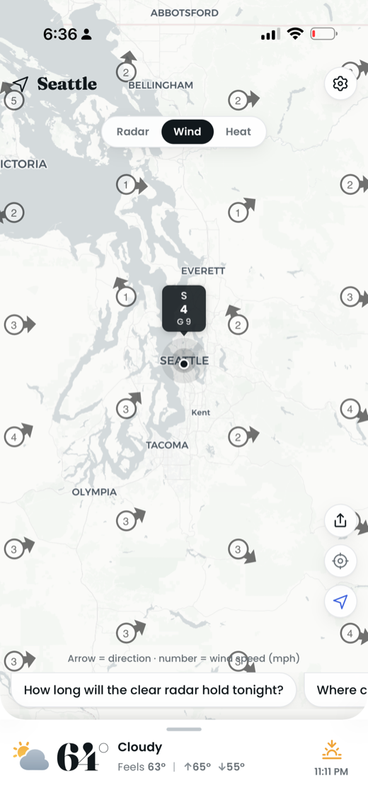 Wind direction and speed map layer